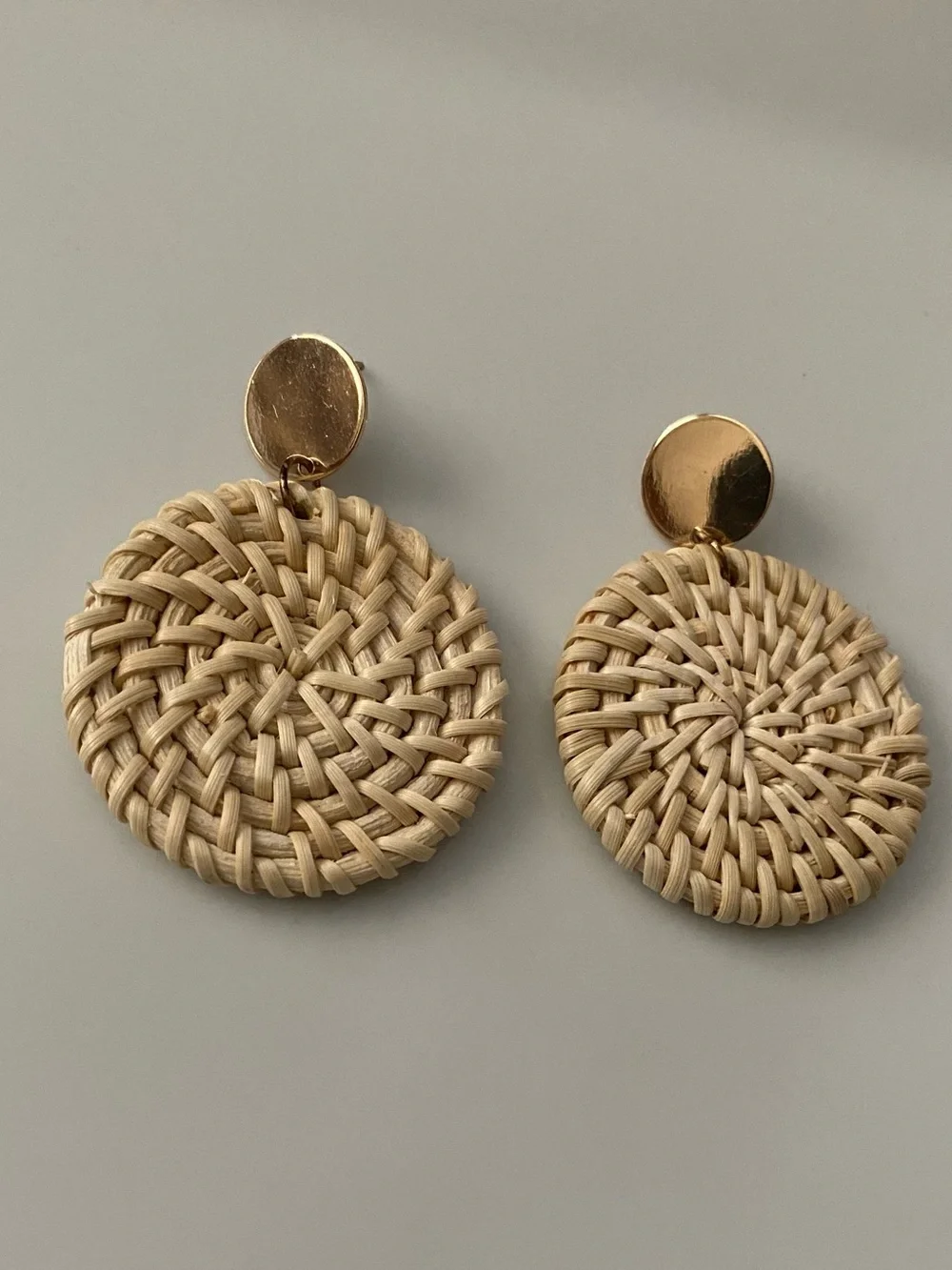 Woven Round Drop Earrings in Natural Straw with Gold Accents